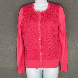 Charter Club‎ Cardigan Sweater Crochet Knit Pink Button Front Lace Overlay Sz M